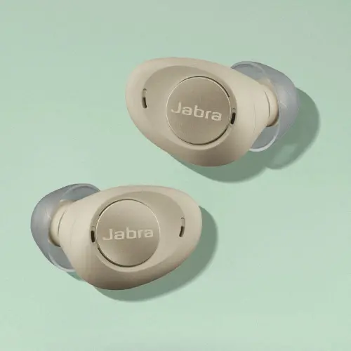 Jabra Enhance Plus hearing aids on green background