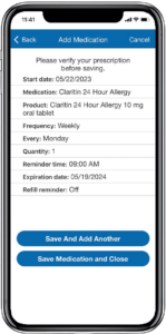 Medication reminder view on the HandsFree Health app showing the medication type and reminder frequency