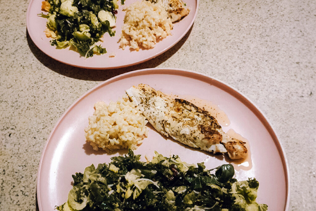 A plate of fish, salad, and rice