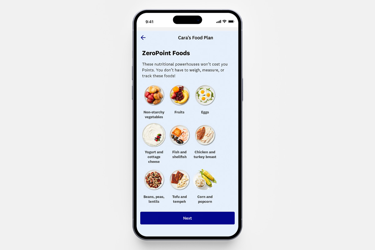 WW app showing ZeroPoint foods
