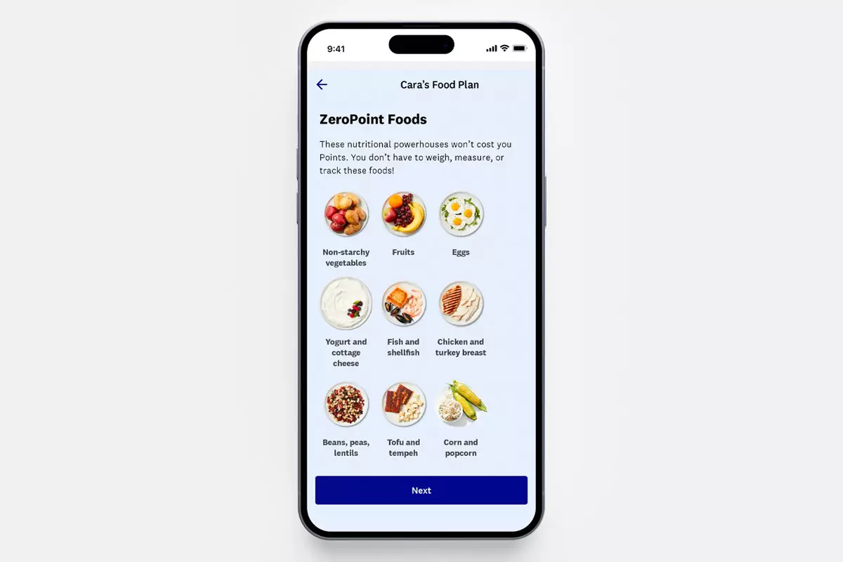 WW app showing ZeroPoint foods