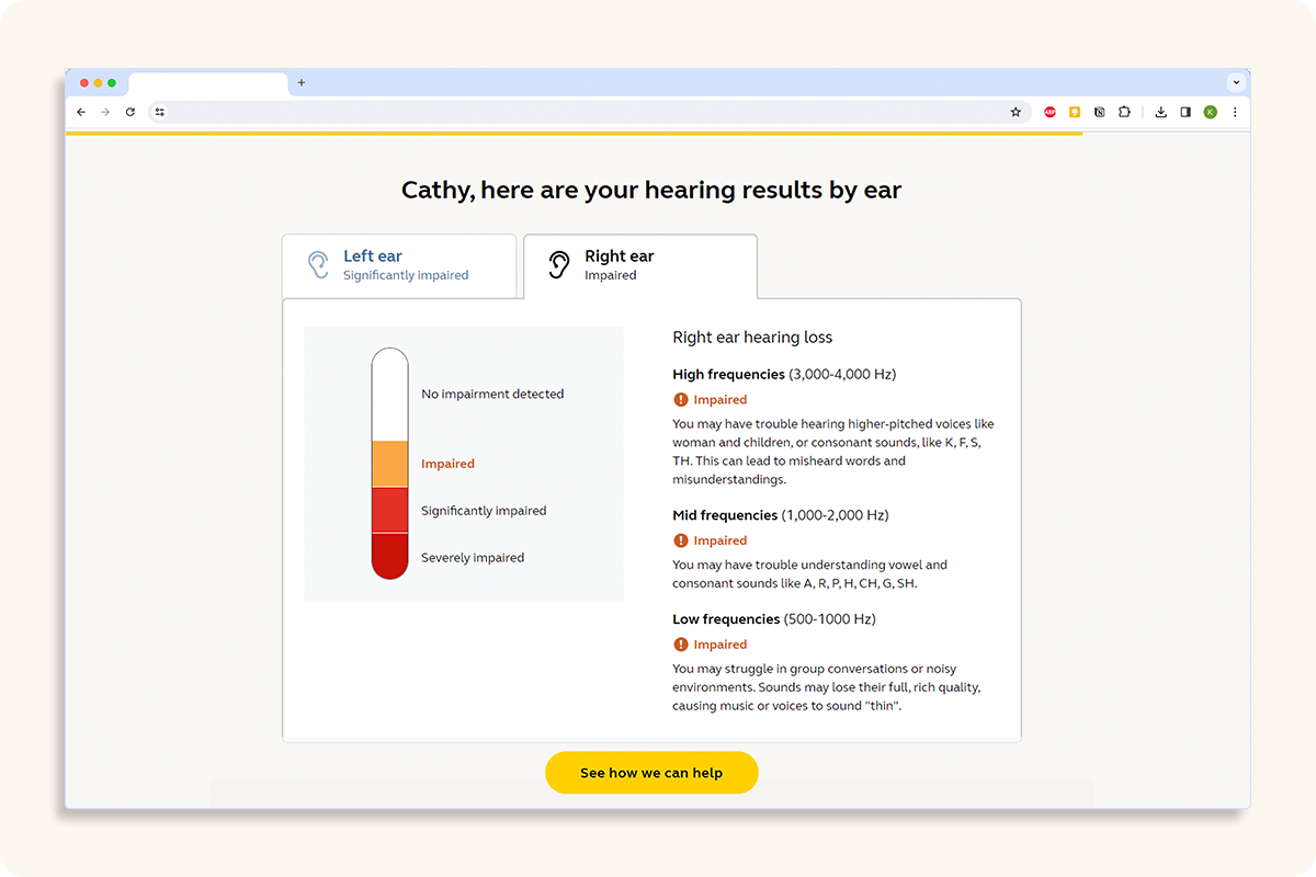Online hearing test results showing impairment in right ear