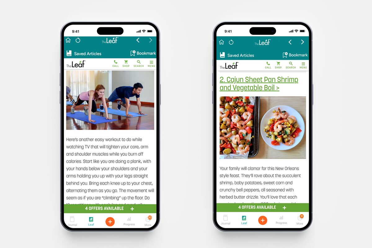 iPhone screens displaying an exercise recommendation and recipe