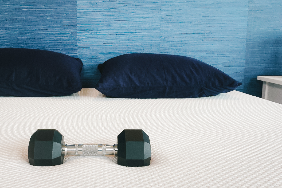  A 10-pound dumbbell on the Nectar Memory Foam mattress.