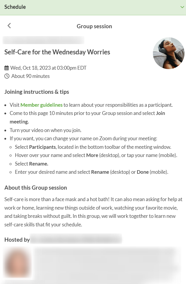 A web page with a description of a BetterHelp group session