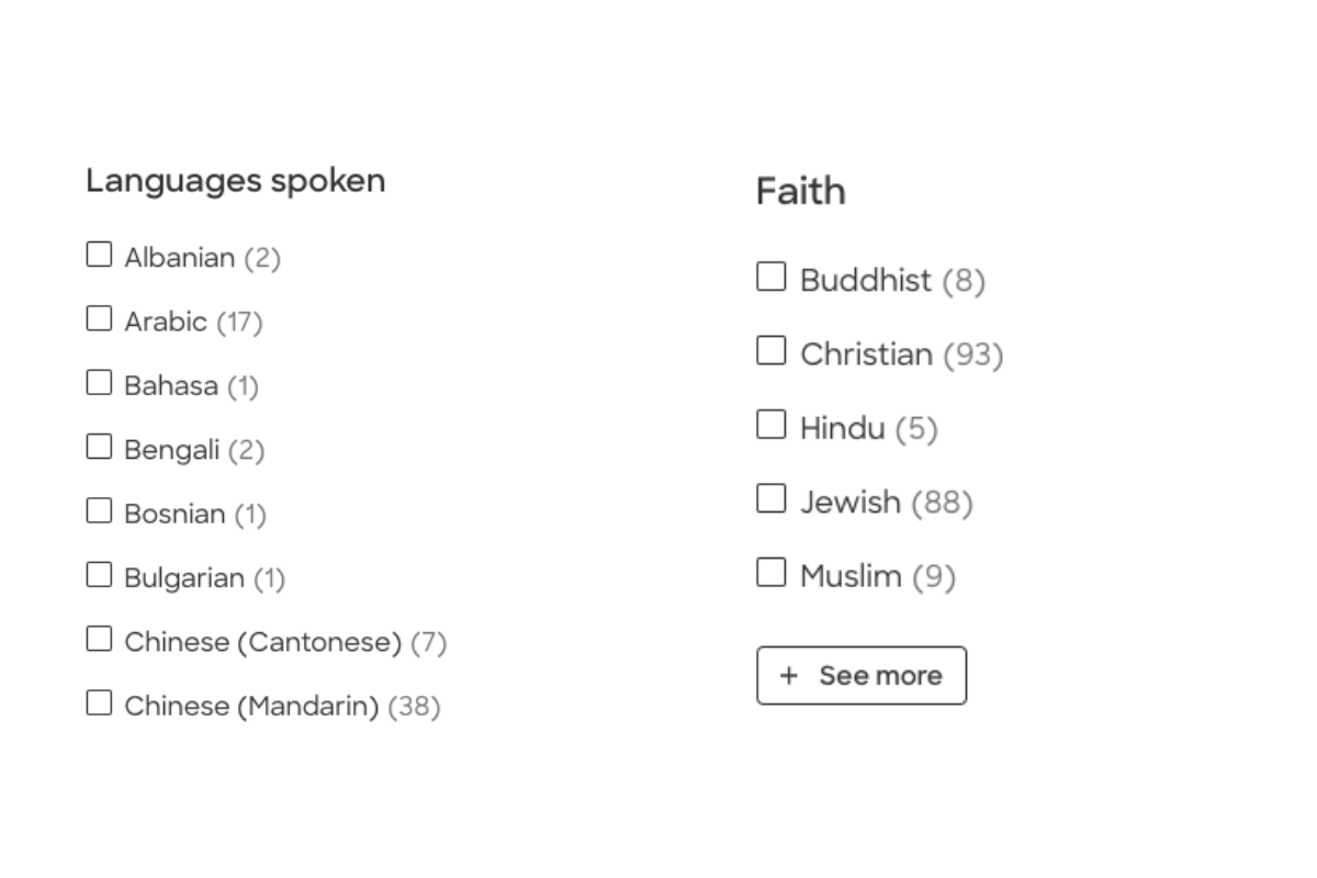  Provider filter options for faith and languages spoken on Zocdoc 