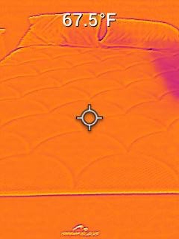  Image of a Dreamcloud foam bed through the view of a thermal gun showing a temperature of 67.5 degrees Fahrenheit