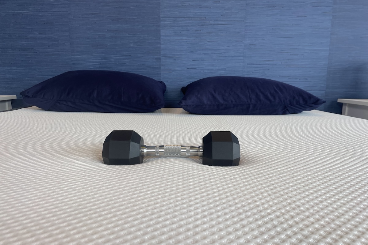 A 10-pound dumbbell on The Nectar mattress
