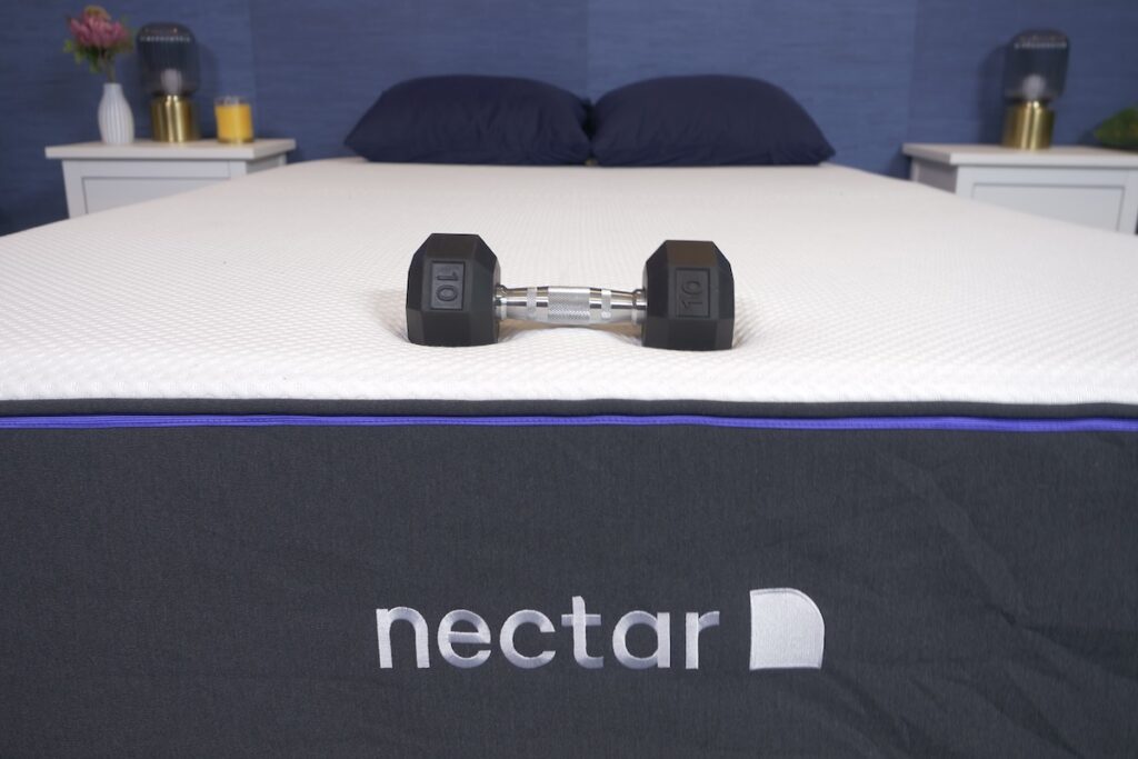  A 10-pound dumbbell sitting on the Nectar Premier. 