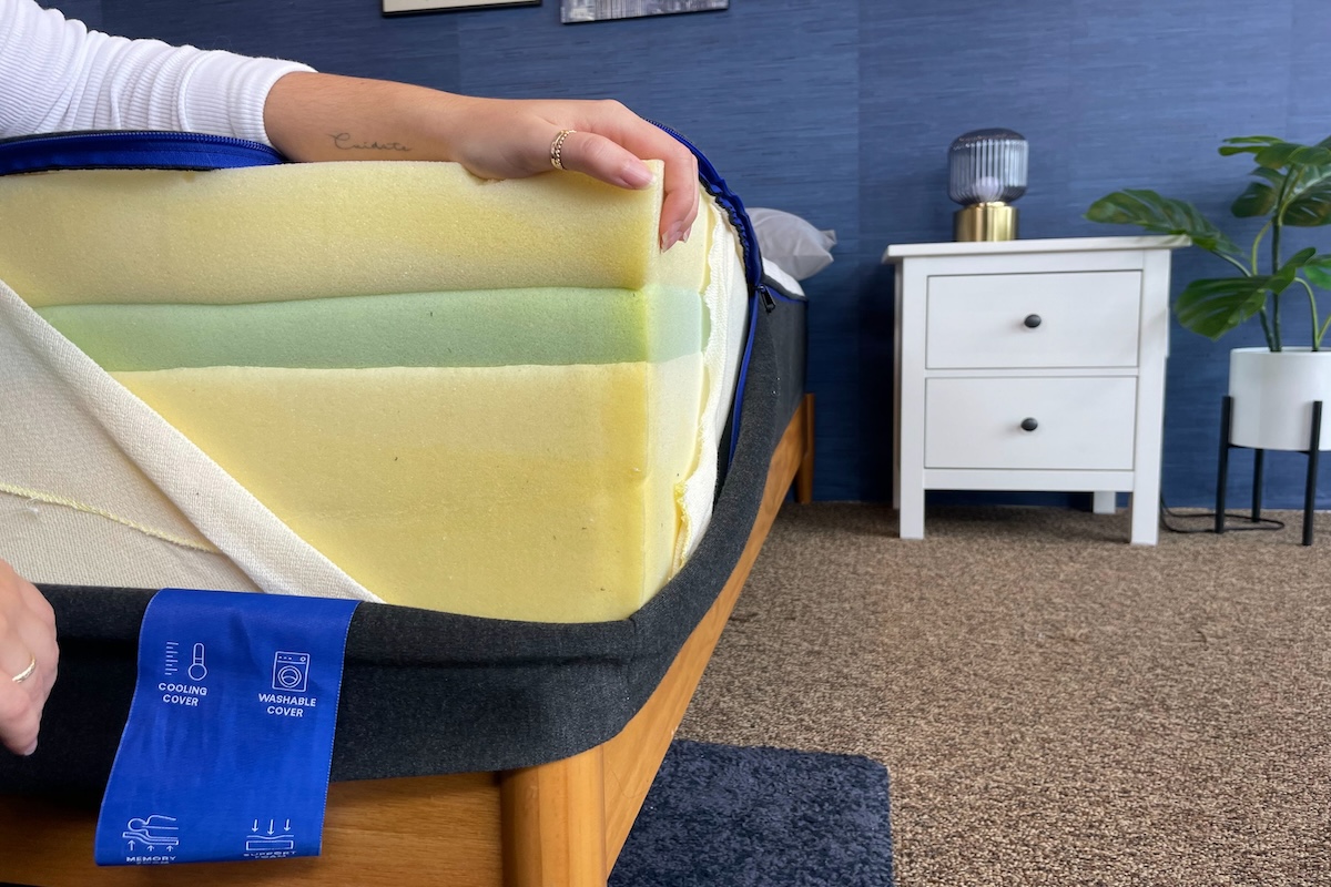 Testers pulled back the cover of the Nectar Memory Foam revealing the three layers of foam