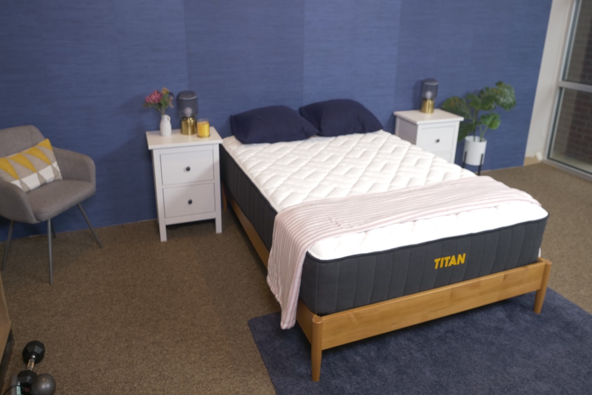 The Titan Plus mattress on a wooden base in our testing facility