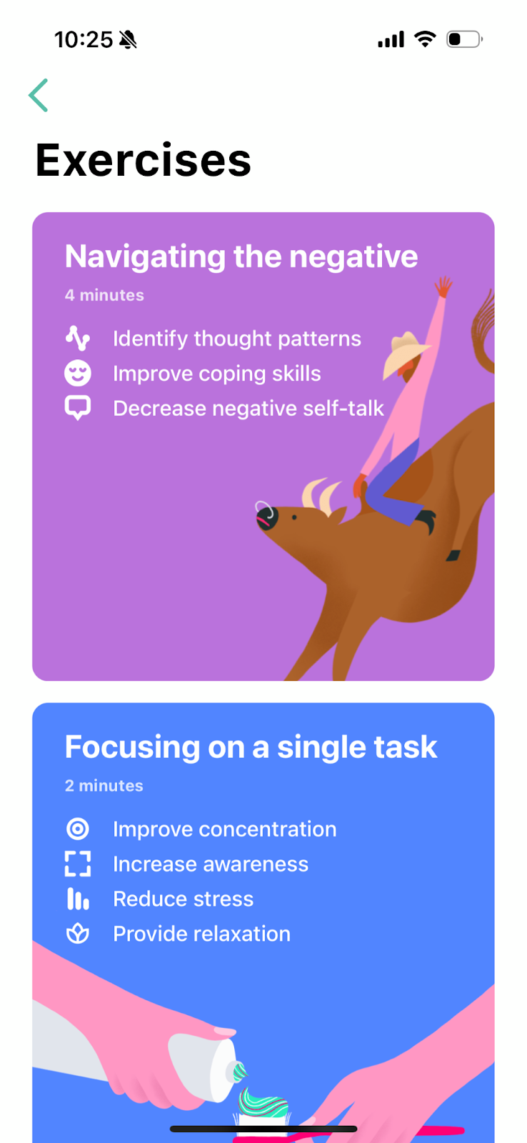 A screenshot of the Talkspace app showing two of the mental health exercises available to choose from.