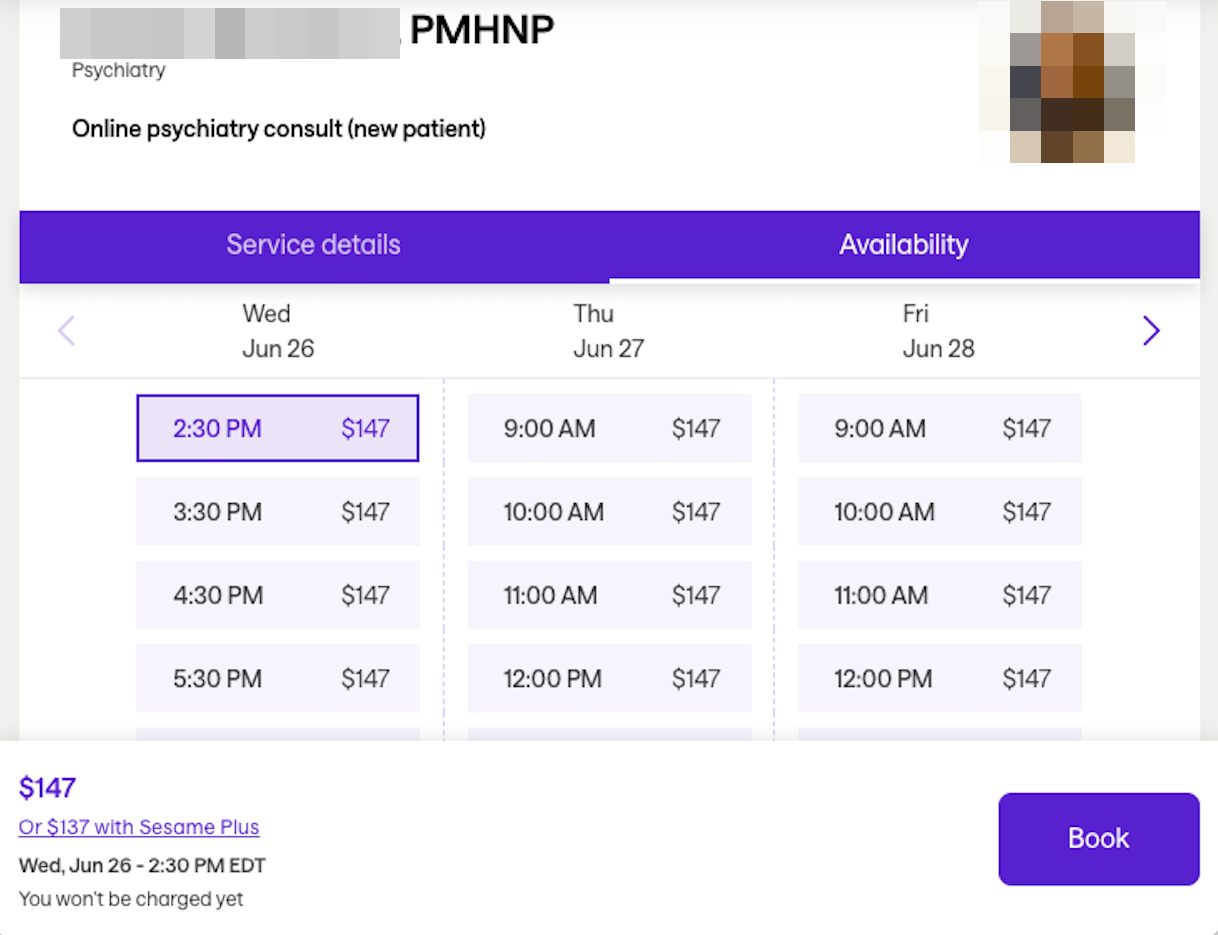 A screenshot of the Sesame platform showing one psychiatric provider’s availability and pricing for a new patient consultation.