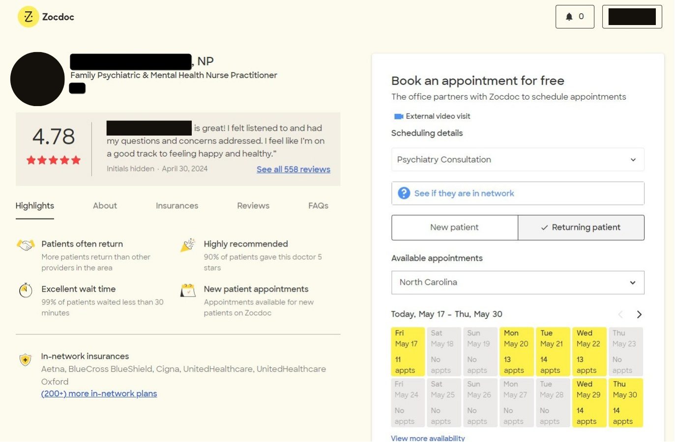 A screenshot of the Zocdoc provider profile page with provider reviews and appointment availability. 