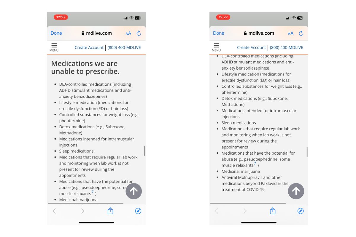 A screenshot of MDLIVE’s list of the medications its providers cannot prescribe. 