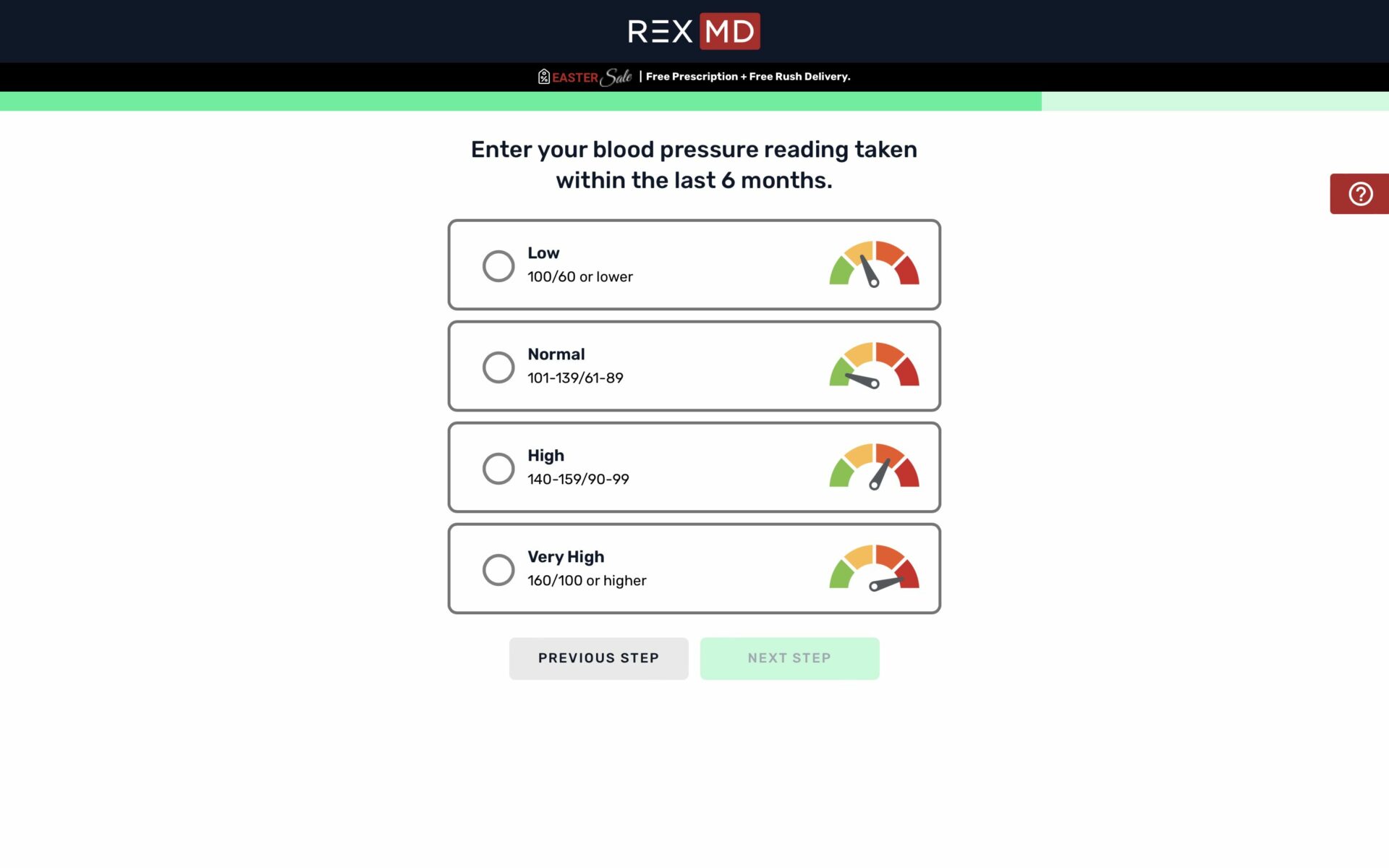  Screenshot of the blood pressure question from Rex MD sign-up process