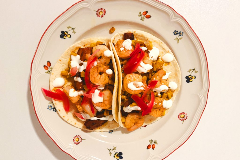 Shrimp added to the Sweet Potato and Charred Corn Tacos.