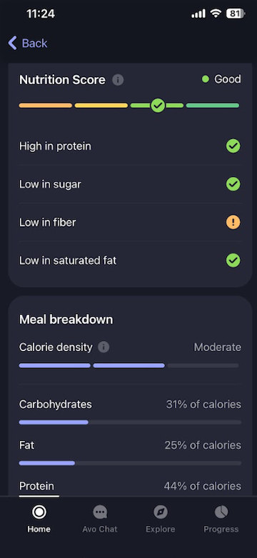 The Nutrition tab via the app