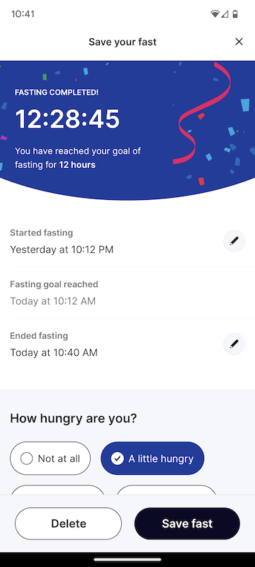 The DoFasting app after completing a 12-hour fast