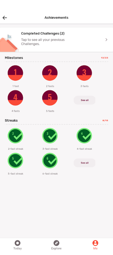 Screenshot of the achievements tab on the Zero app