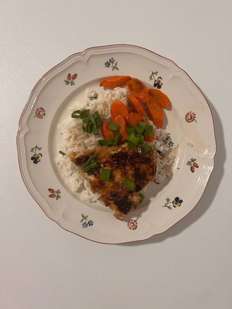 EveryPlate meal with rice, carrots, and chicken
