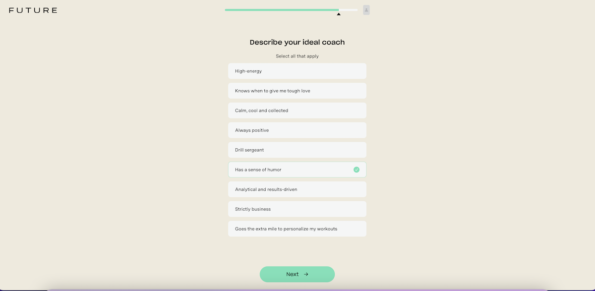 Screenshot of the Future survey asking the user to describe their ideal coach