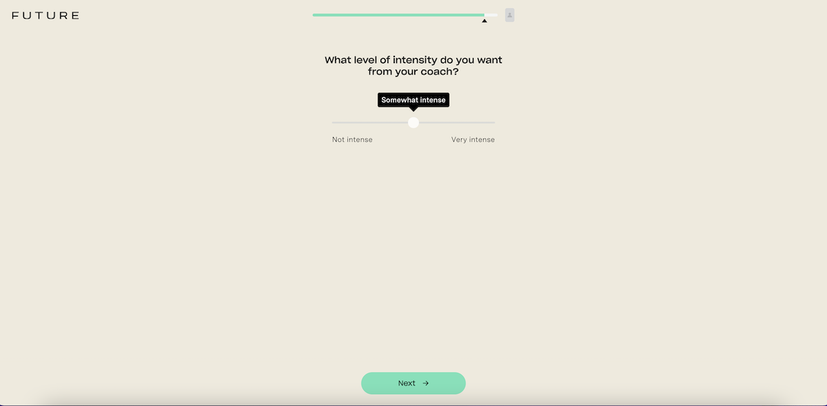 Screenshot of the Future survey asking the user to give a level of their preferred coach’s intensity on a sliding scale