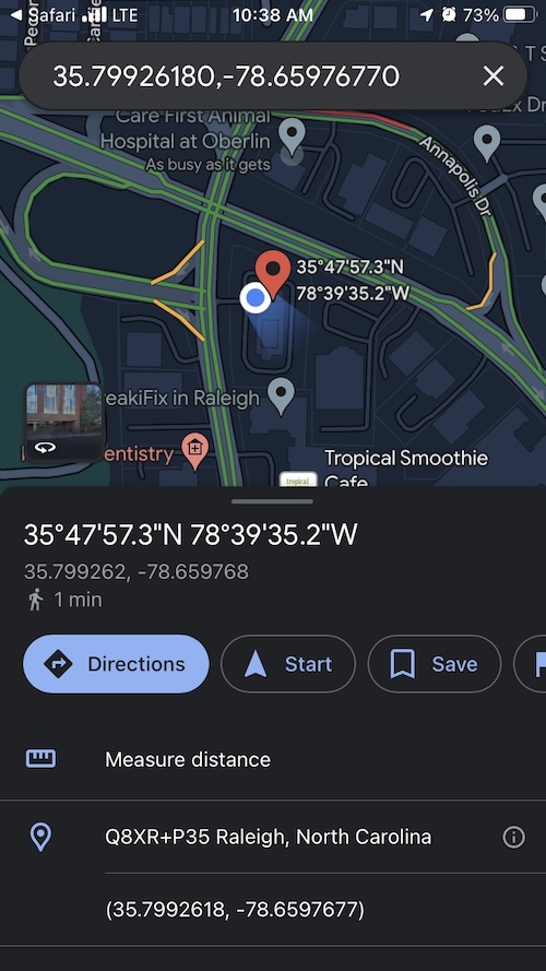 Coordinates showing the device’s real-time location on Google Maps