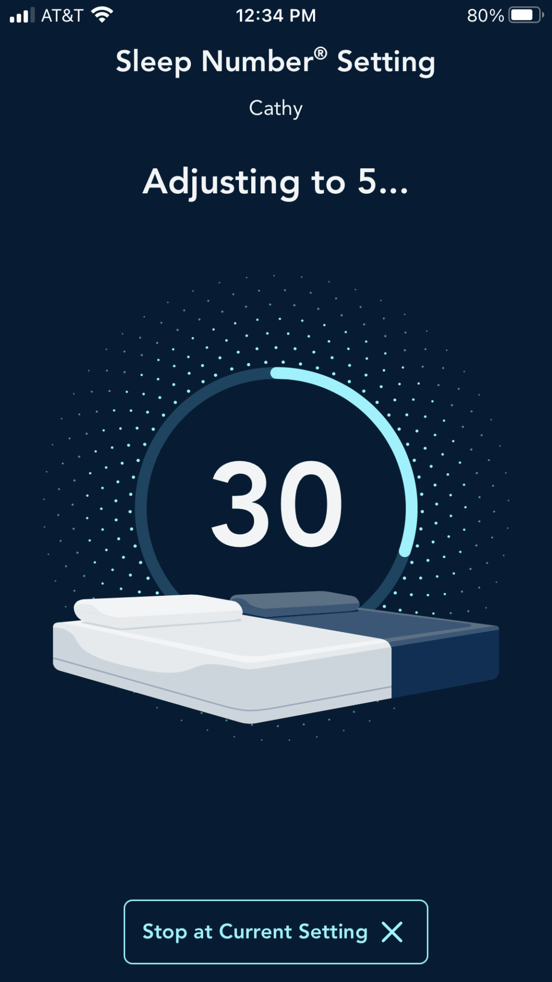Screenshot of Sleep Number app adjusting from Level 30 to Level 5 