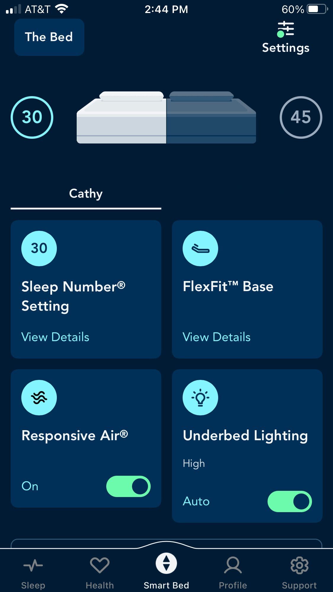 Screenshot of Sleep Number app and smart bed controls 