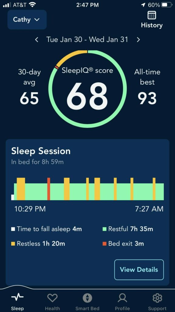 Screenshot of Sleep Number SleepIQ score