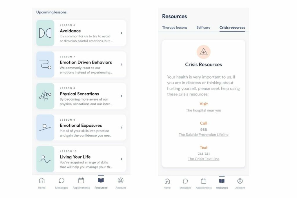 List of self-guided lessons in Brightside app and Crisis support resources in Brightside app