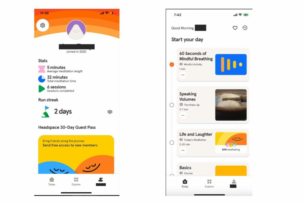 Daily user stats in the Headspace app and Daily mindfulness exercises in Headspace app