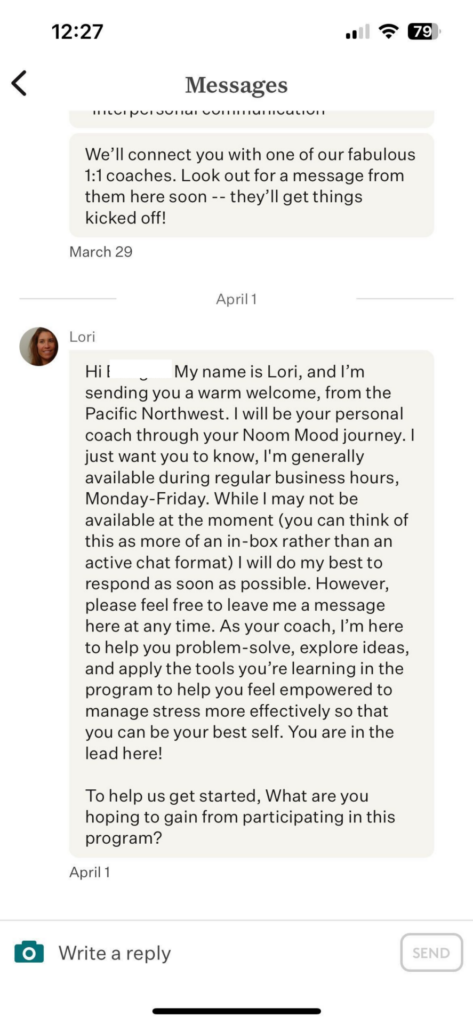 Message from coach in Noom Mood app