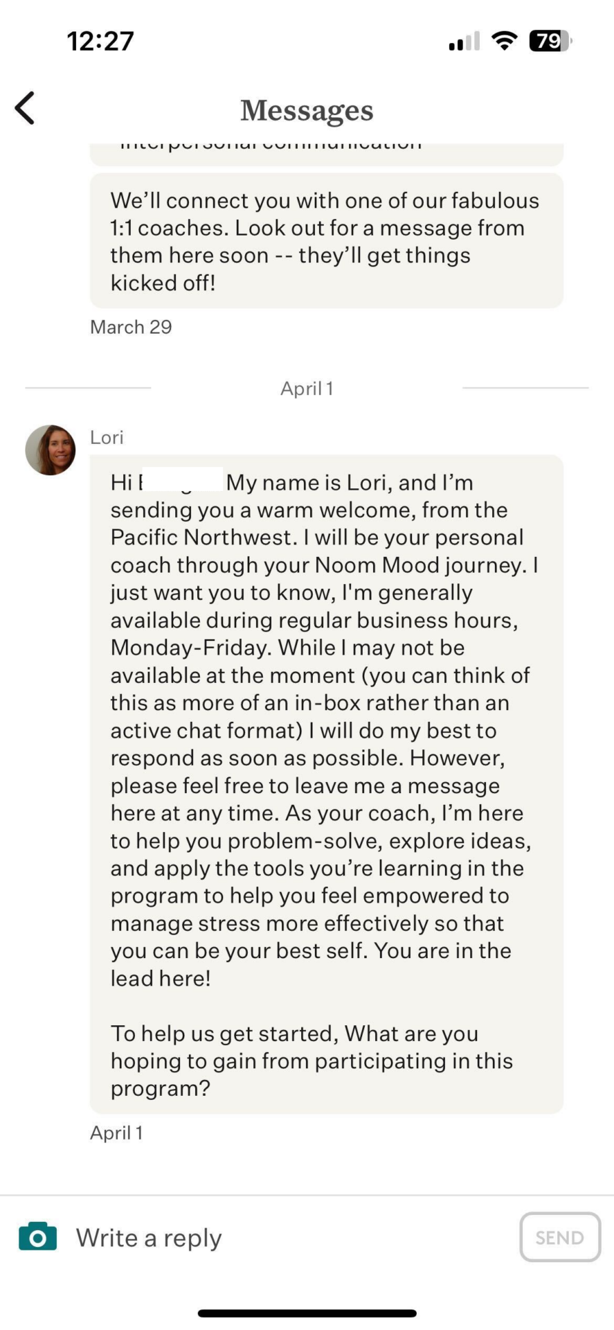 Message from coach in Noom Mood app