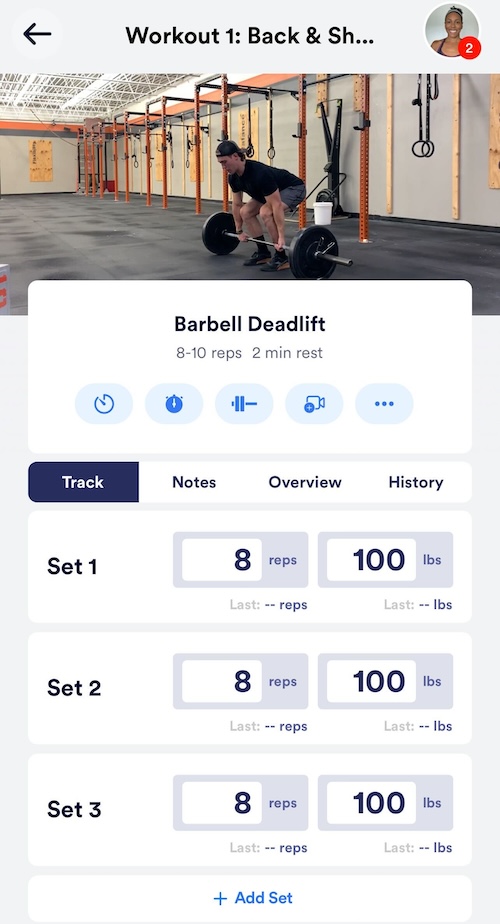 Screenshot of the Caliber workout tracking feature