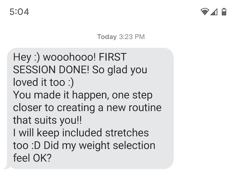 Screenshot of a text message from a personal trainer on Future