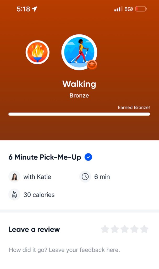 Screenshot of a tester completing a walking program and earning the Bronze award.