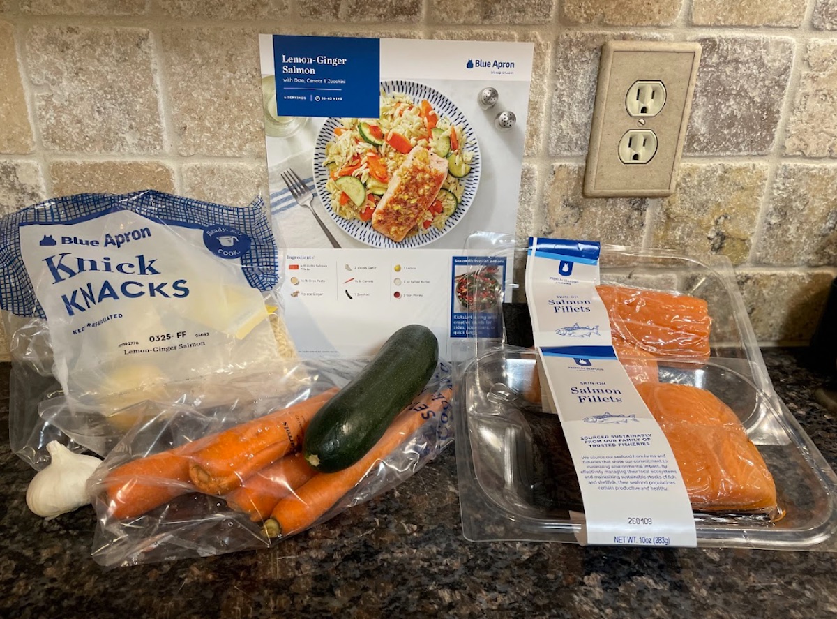  Ingredients for Blue Apron lemon ginger salmon meal kit with recipe card
