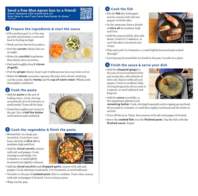 Blue Apron online recipe card with step-by-step instructions for cooking lemon ginger salmon
