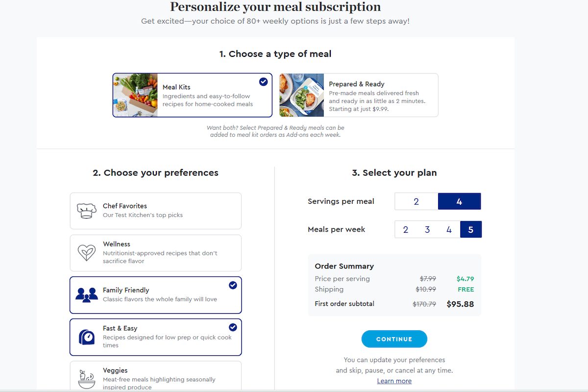 Screenshot of meal selection on Blue Apron website
