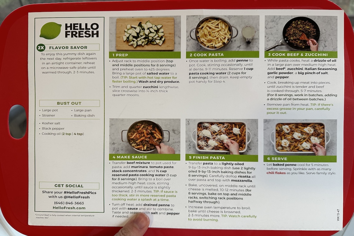 The back of a HelloFresh beef and penne pasta recipe card with step-by-step photos and instructions for making the meal.
