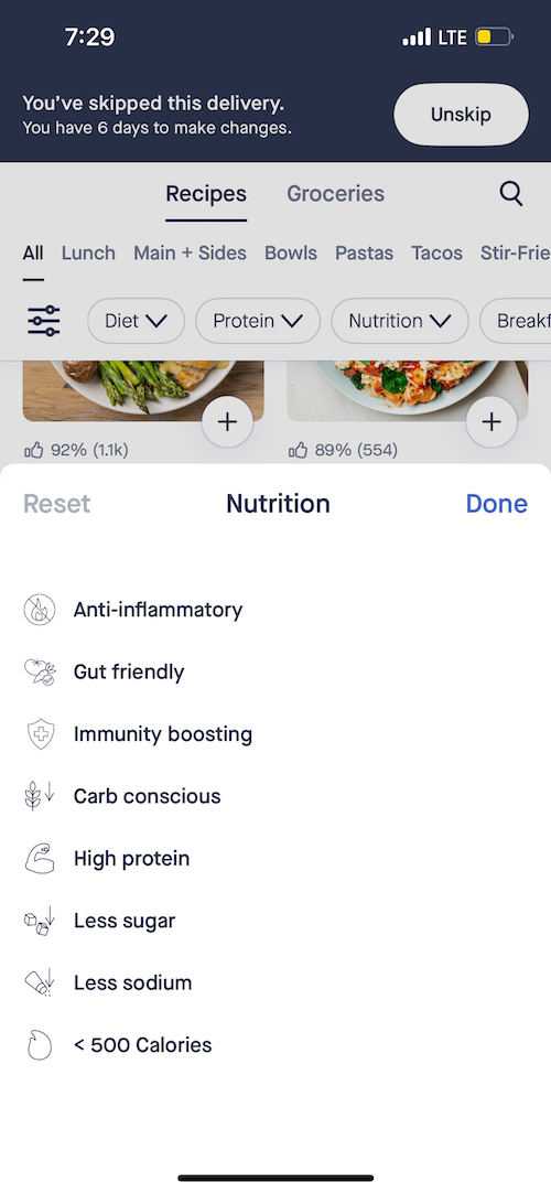 App screenshot showing different nutrition filters