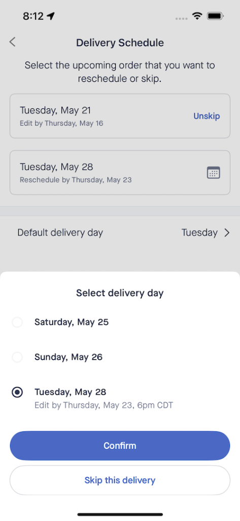 Screenshot of Hungryroot app showing delivery rescheduling options.