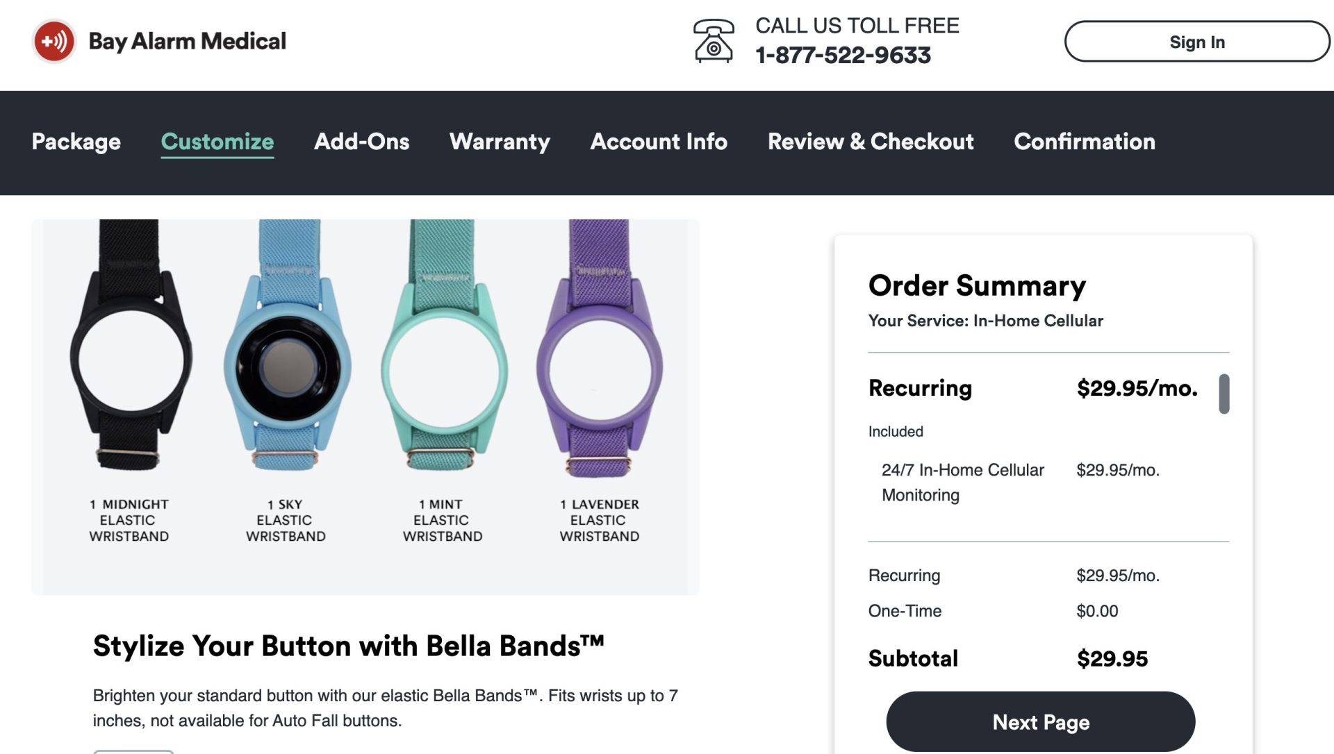 Online checkout page displaying Bay Alarm Bella Band color options 