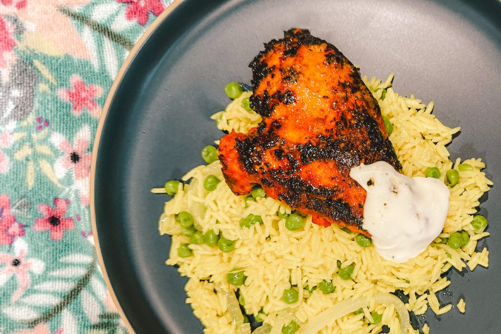 Tandoori Chicken and Turmeric Rice using the ingredients and recipe provided by Dinnerly.