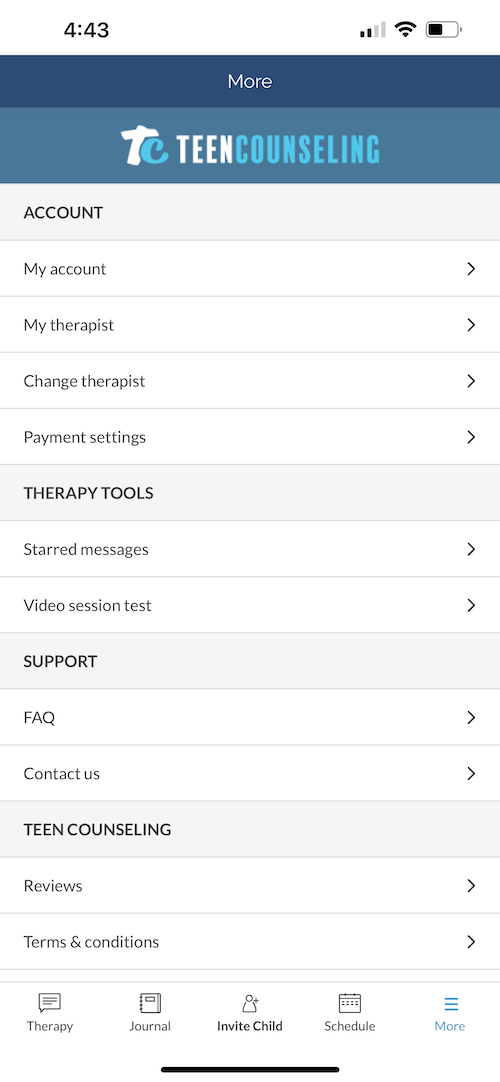 TeenCounseling app interface, showing options to switch therapists
