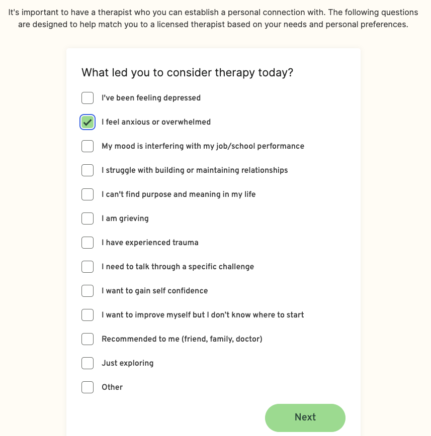 BetterHelp questionnaire asking why you’re seeking therapy