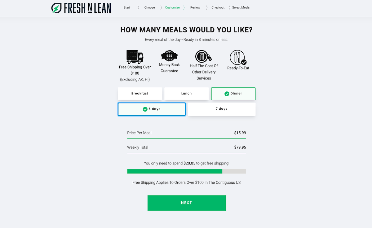  Screenshot of the Fresh N Lean page where users sign up for the meals they want and how many days they want meals for.
