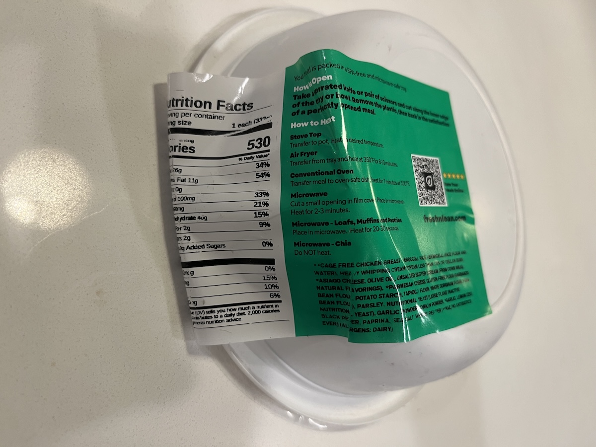  The back of the Creamy Chicken and Broccoli Alfredo meal shows the meal’s nutrition facts and the ingredient list. 